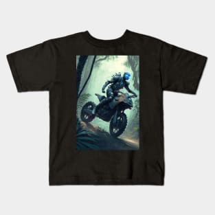 Alien riding a dirt bike in the jungle Kids T-Shirt